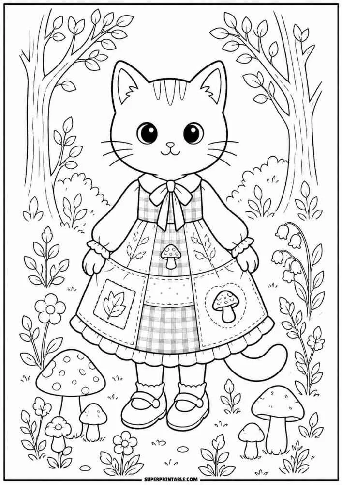 A kitten in a woodland scene with mushrooms, trees, flowers, and a patterned dress.