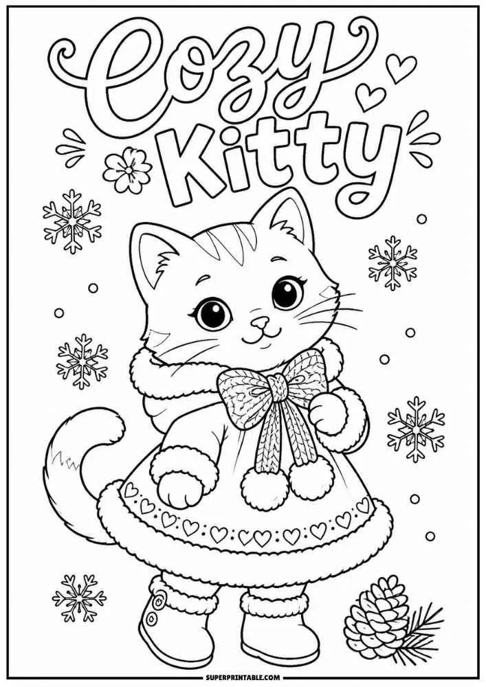 A kitten in a winter coat with snowflakes and the words "Cozy Kitty."