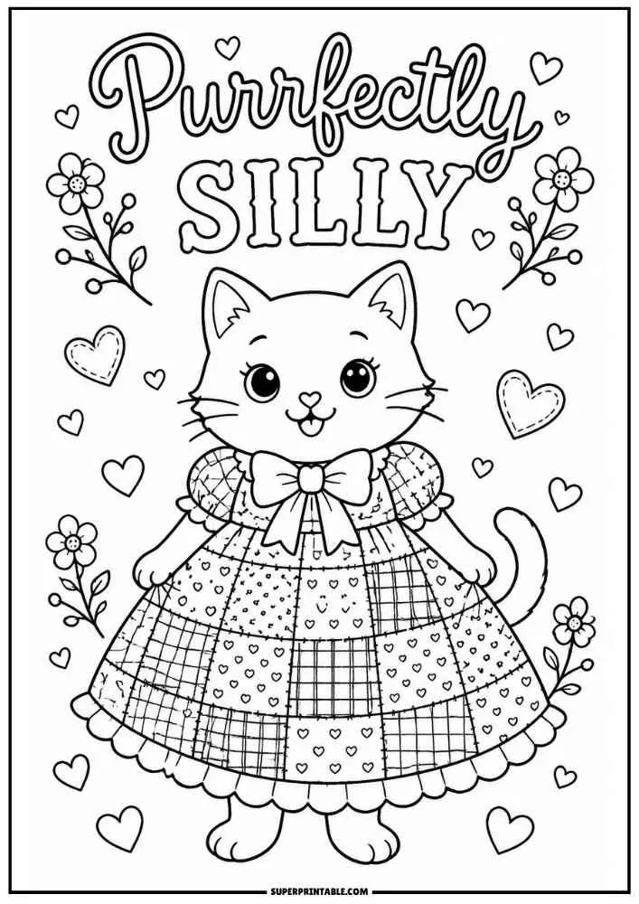 A kitten in a patchwork dress with flowers, hearts, and the words "Purrfectly Silly."