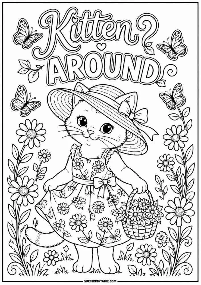 A kitten with a flower basket, butterflies, flowers, and the words "Kitten Around."