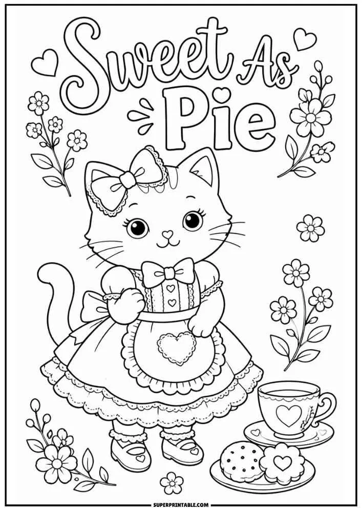 A kitten with tea, cookies, flowers, and the words "Sweet As Pie."