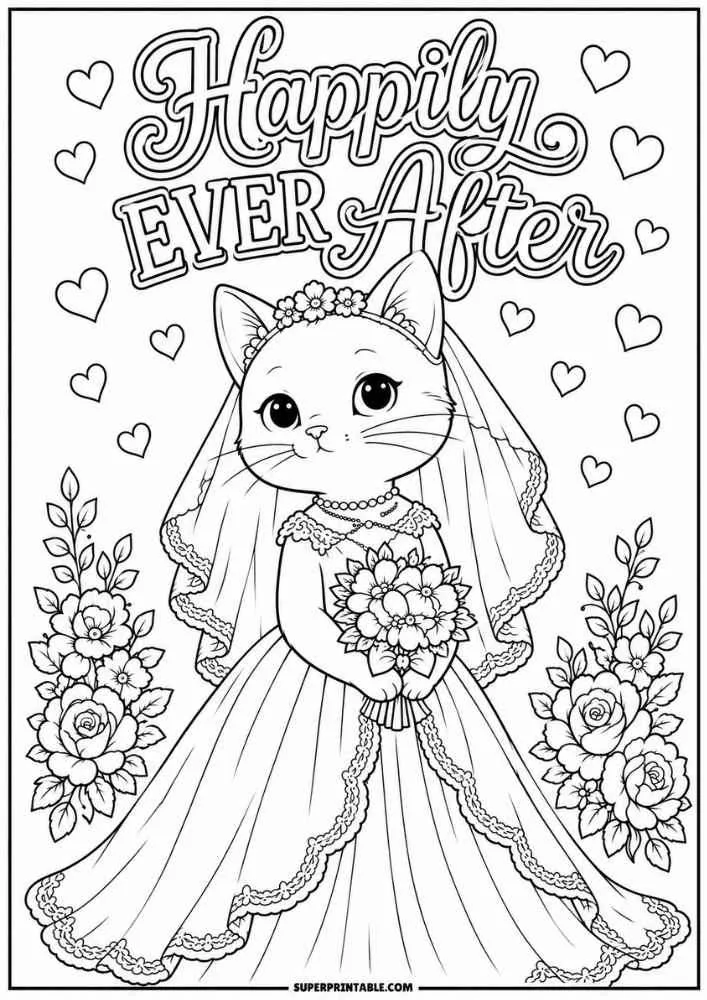 A kitten bride holds a bouquet with flowers, hearts, and the words "Happily Ever After."