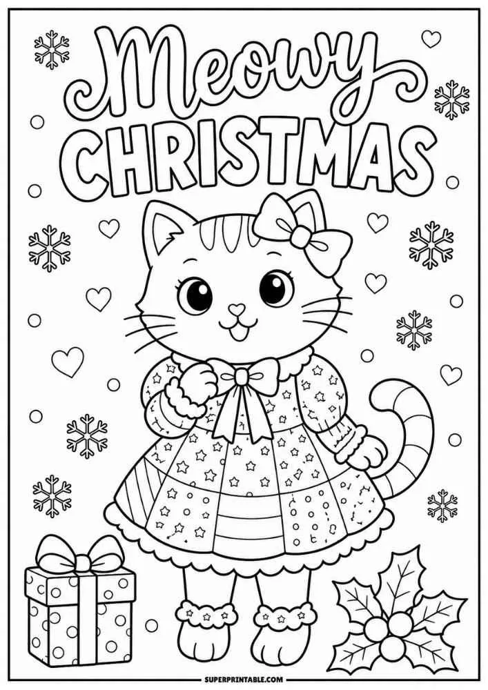 A kitten with a gift, snowflakes, holly, and the words "Meowy Christmas."
