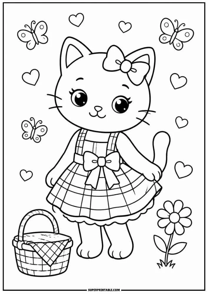 A kitten with a picnic basket, butterflies, flowers, and hearts.