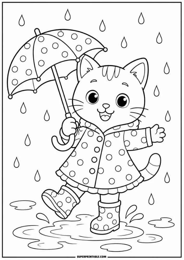 A kitten holds an umbrella while walking through rain and puddles.