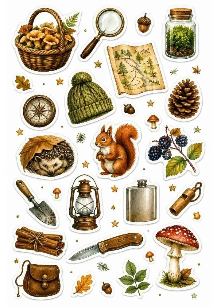 Sticker collection with mushrooms, squirrel, hedgehog, map, lantern, pinecone, compass, and forest items.