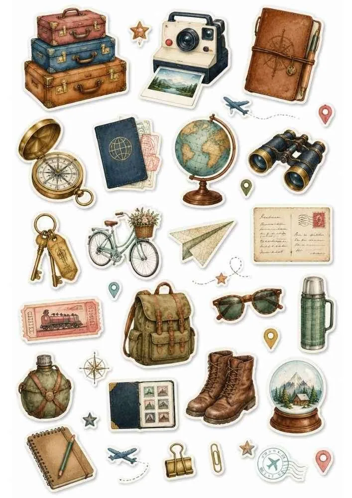 Sticker collection with luggage, camera, globe, passport, backpack, compass, and travel accessories.