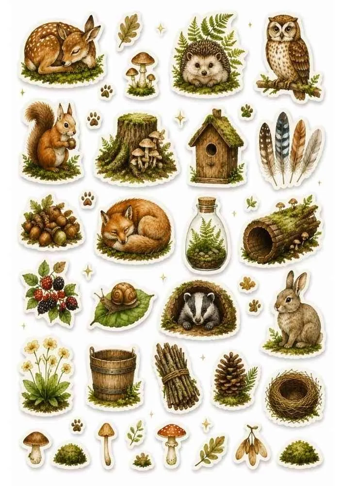 Sticker collection with deer, fox, owl, rabbit, hedgehog, badger, mushrooms, and forest items.