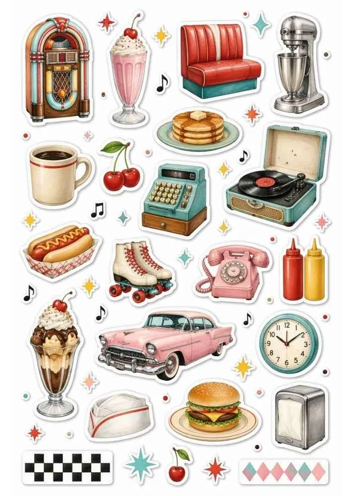 Sticker collection with jukebox, burgers, milkshakes, pancakes, retro phone, record player, and vintage diner items.