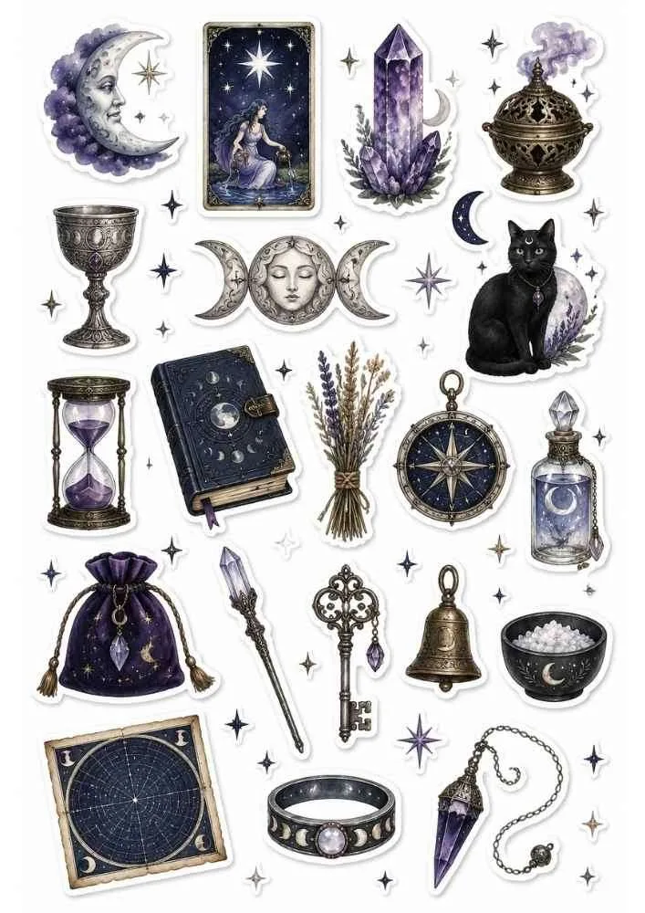 Sticker collection with moon, tarot card, black cat, crystals, spell book, compass, and magical items.