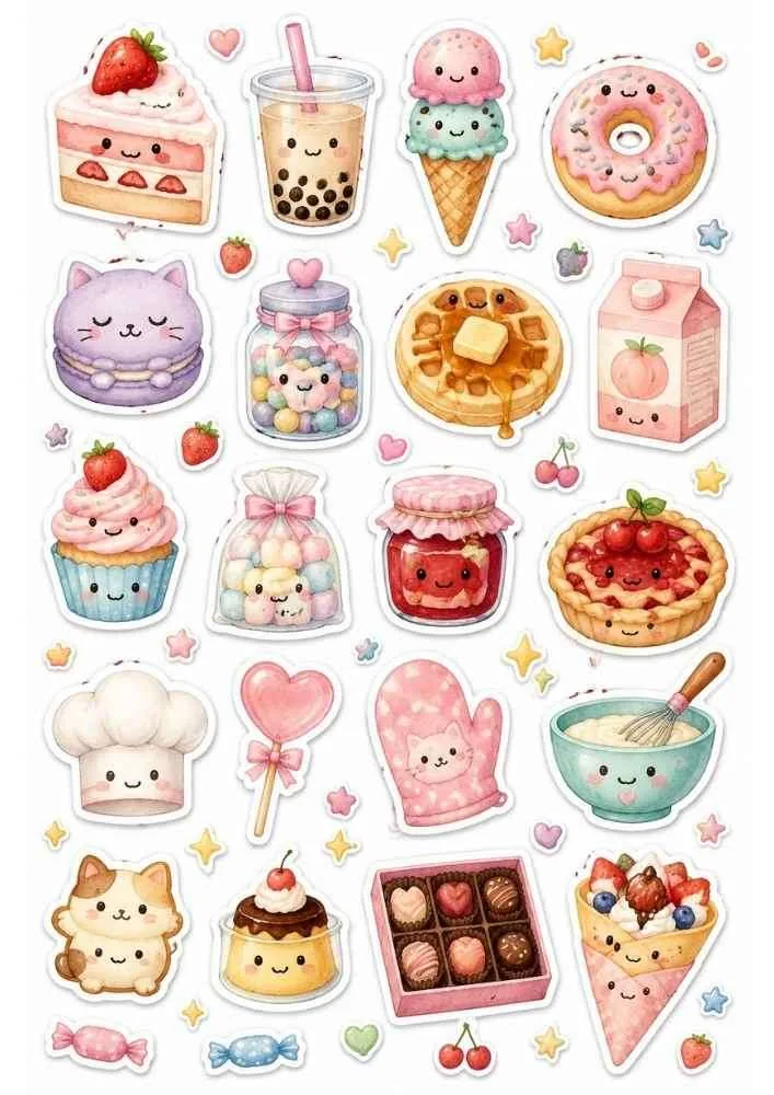 Sticker collection with kawaii donuts, cupcakes, ice cream, waffles, bubble tea, chocolates, and cute desserts.