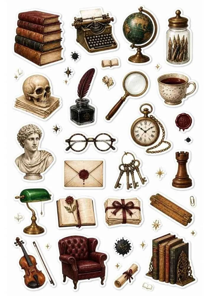 Sticker collection with books, typewriter, globe, skull, magnifying glass, violin, and antique study items.