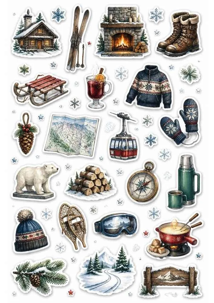 Sticker collection with cabin, skis, mittens, thermos, cable car, fireplace, and snowy mountain items.