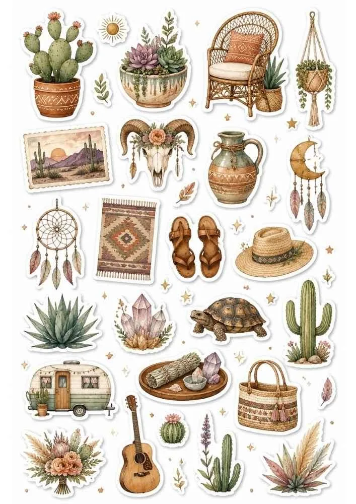 Sticker collection with cactus, dreamcatcher, pottery, guitar, woven rug, crystals, and boho decorations.