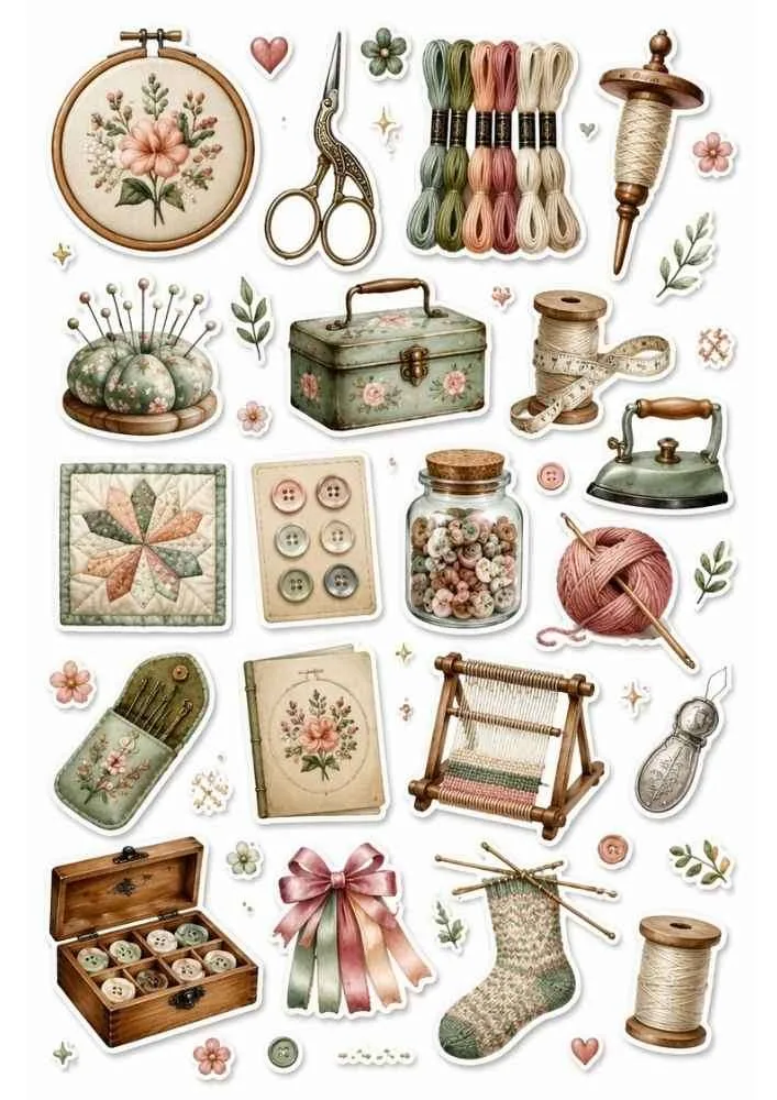Sticker collection with embroidery hoop, yarn, buttons, loom, sewing box, ribbons, and craft supplies.