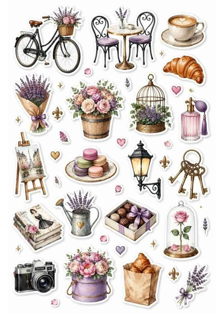 Sticker collection with bicycle, cafe table, coffee, croissant, flowers, chocolates, and vintage decor.