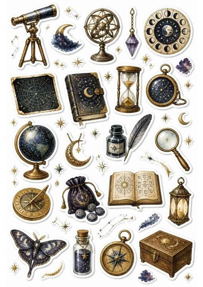 Sticker collection with telescope, moon phases, crystals, books, compass, lantern, and star themed items.