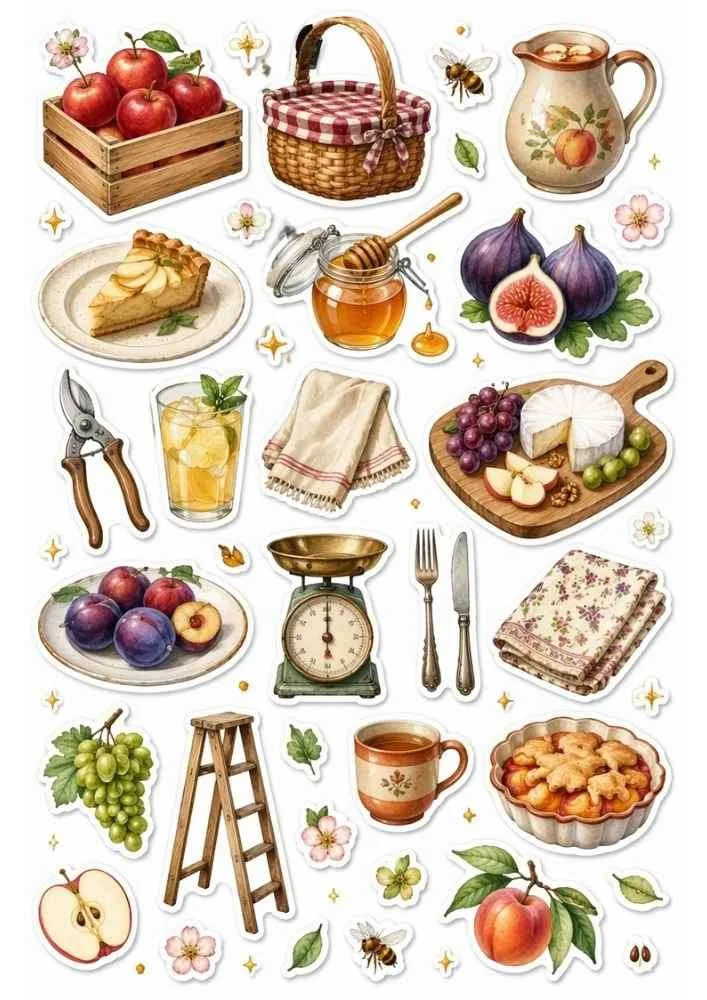 Sticker collection with apples, pie, honey, cheese board, grapes, fruit, kitchen scale, and farmhouse items.