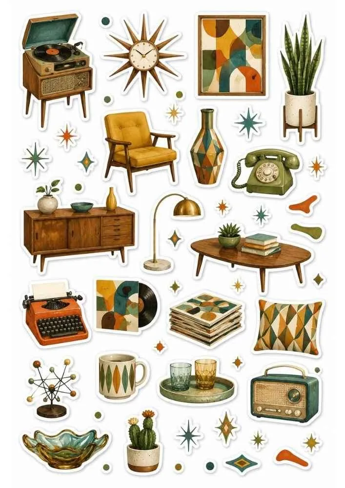 Sticker collection with retro furniture, record player, radio, clock, plants, lamp, and home decor.