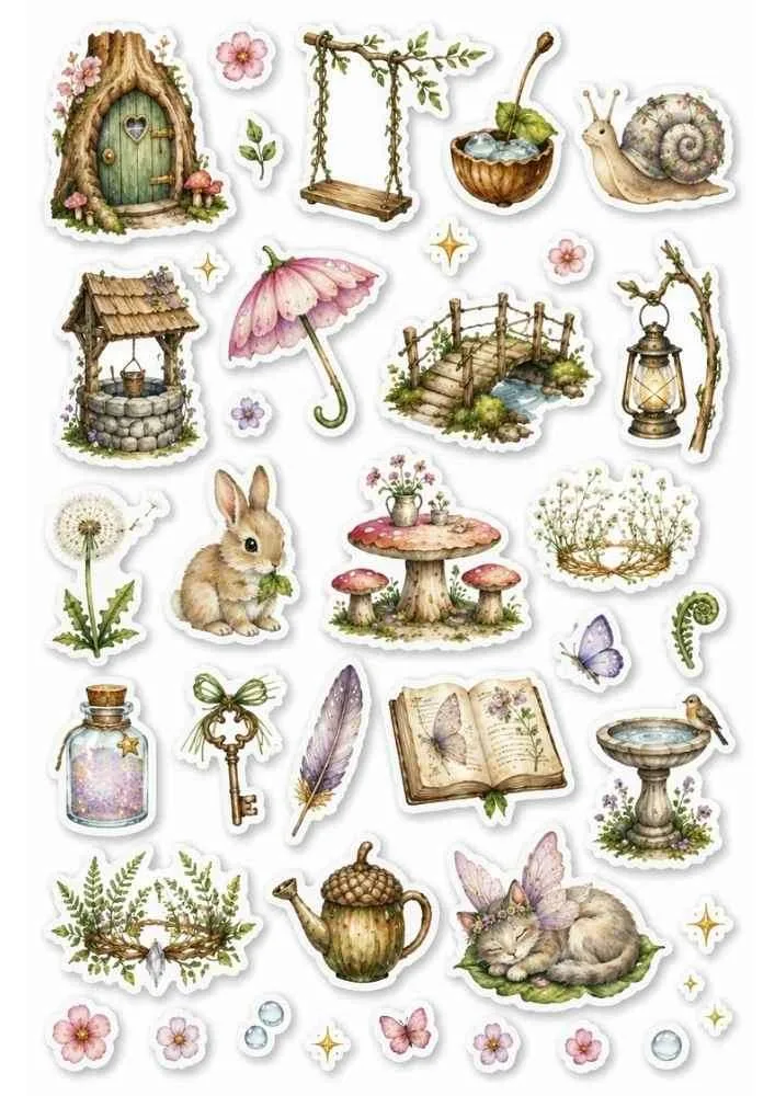 Sticker collection with fairy door, rabbit, snail, swing, mushrooms, flowers, and magical garden items.