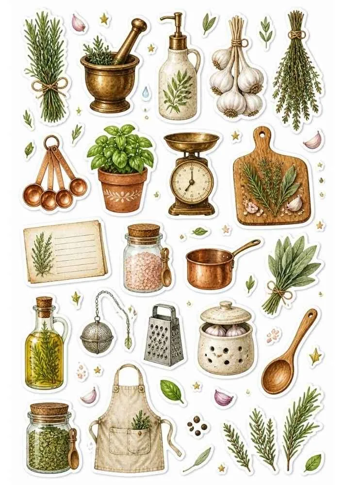 Sticker collection with herbs, garlic, basil, cutting board, kitchen scale, apron, and cooking tools.