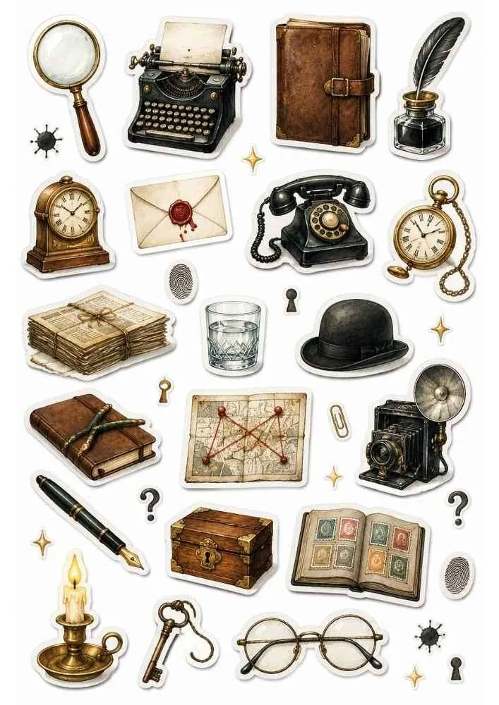 Sticker collection with magnifying glass, typewriter, camera, books, telephone, map, and vintage office items.