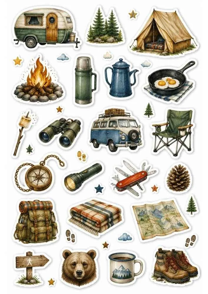 Sticker collection with tent, campfire, backpack, boots, camper, flashlight, map, and camping supplies.