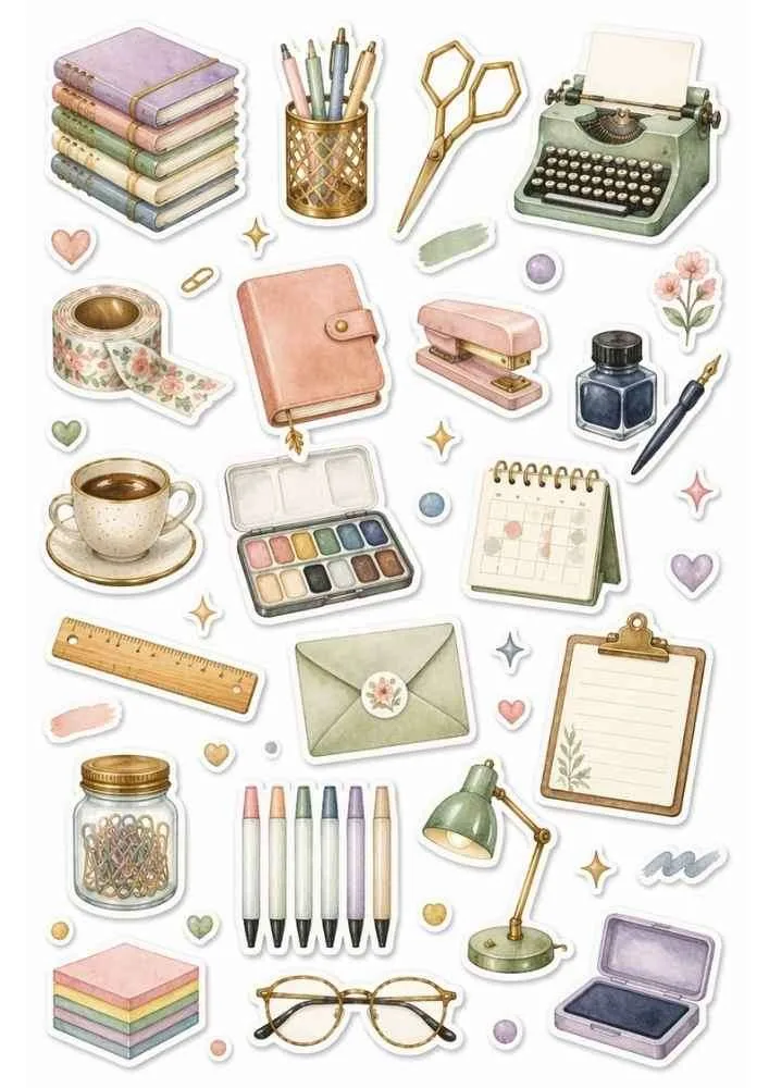 Sticker collection with notebooks, pens, scissors, watercolor set, clipboard, lamp, and stationery items.