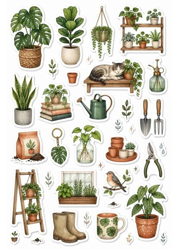Sticker collection with houseplants, watering can, pots, gardening tools, bird, and indoor garden accessories.