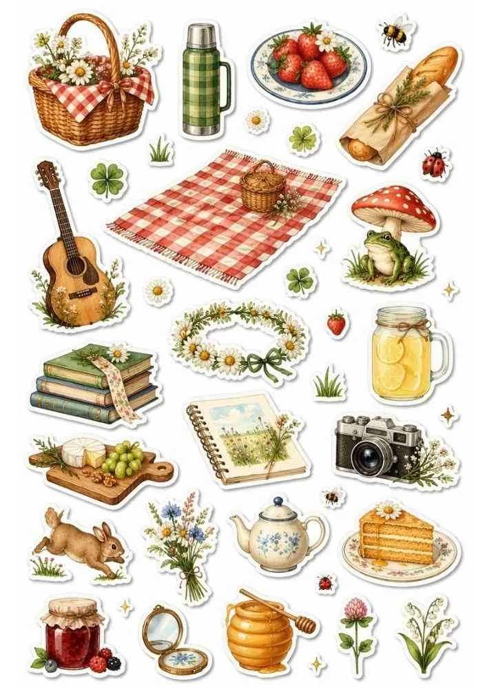 Sticker collection with picnic blanket, basket, strawberries, guitar, camera, tea, cheese, and flowers.
