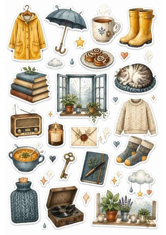 Sticker collection with raincoat, umbrella, tea, books, sweater, cat, candle, and rainy home items.