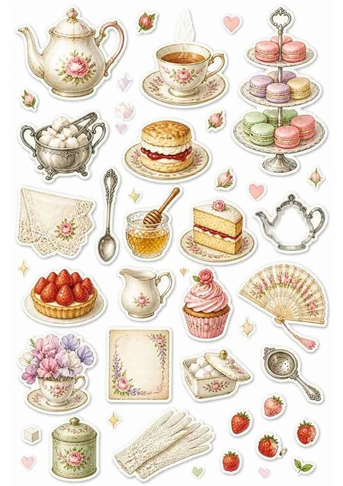 Sticker collection with teapot, teacup, cakes, flowers, macarons, honey, and vintage tea accessories.