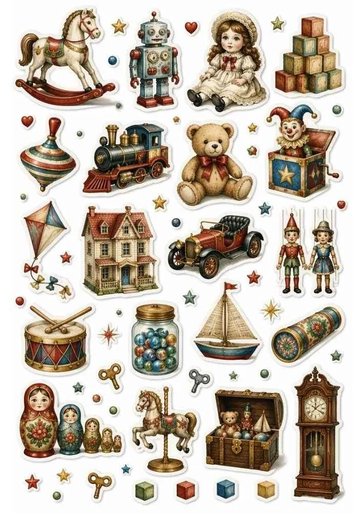 Sticker collection with teddy bear, toy train, doll, rocking horse, blocks, toy chest, and vintage toys.