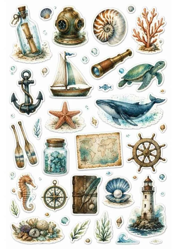 Sticker collection with whale, turtle, lighthouse, sailboat, shells, anchor, and nautical items.