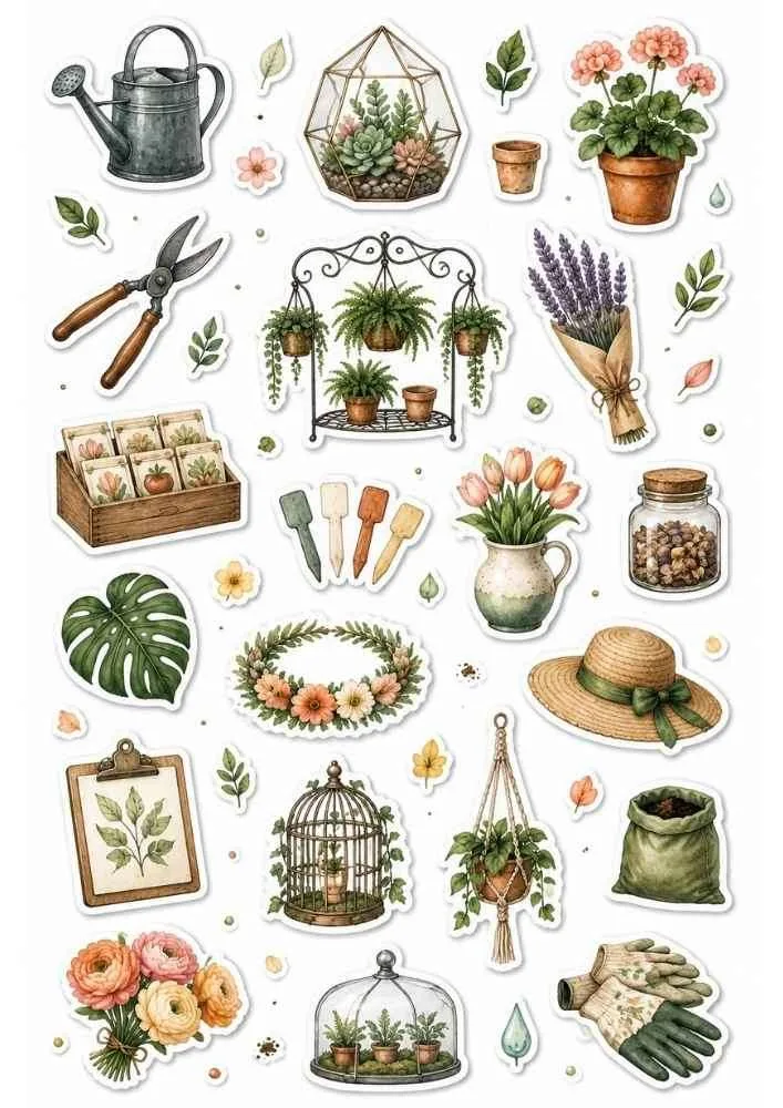 Sticker collection with flowers, watering can, potted plants, gloves, tools, and garden decorations.