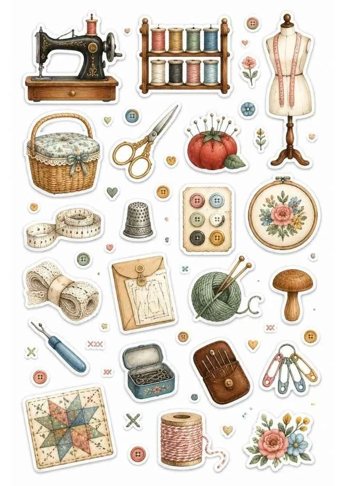 Sticker collection with sewing machine, scissors, thread, buttons, embroidery hoop, and sewing supplies.