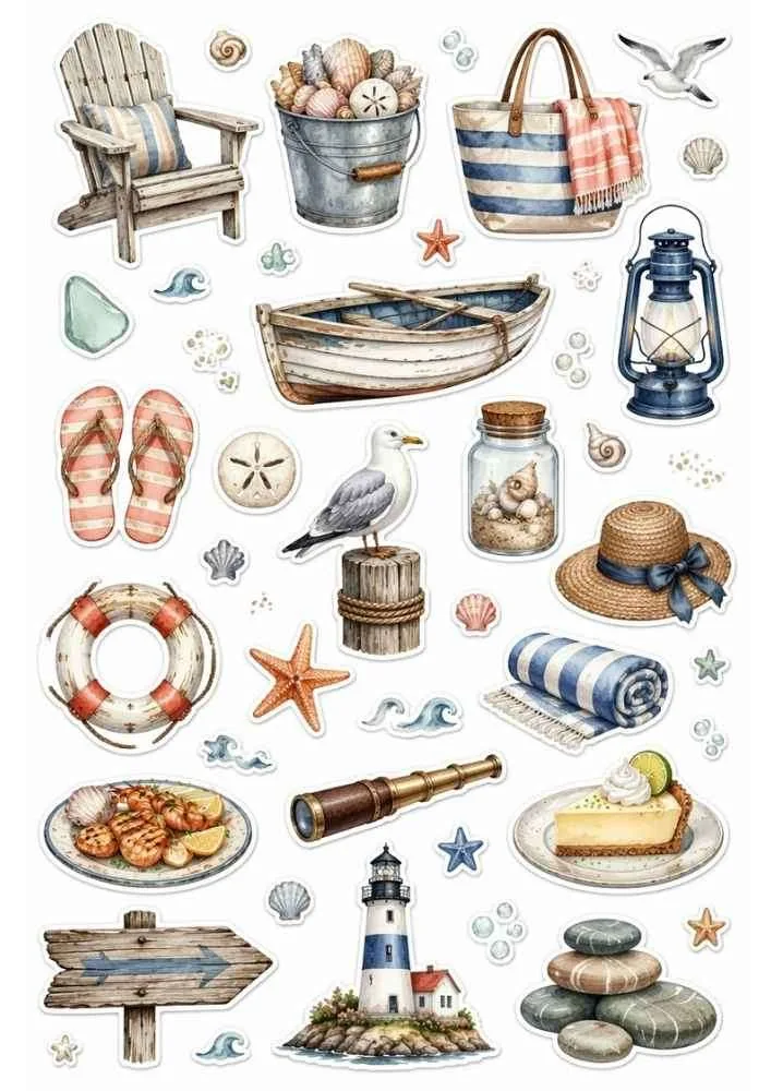 Sticker collection with beach chair, boat, lighthouse, shells, towel, seagull, and seaside accessories.