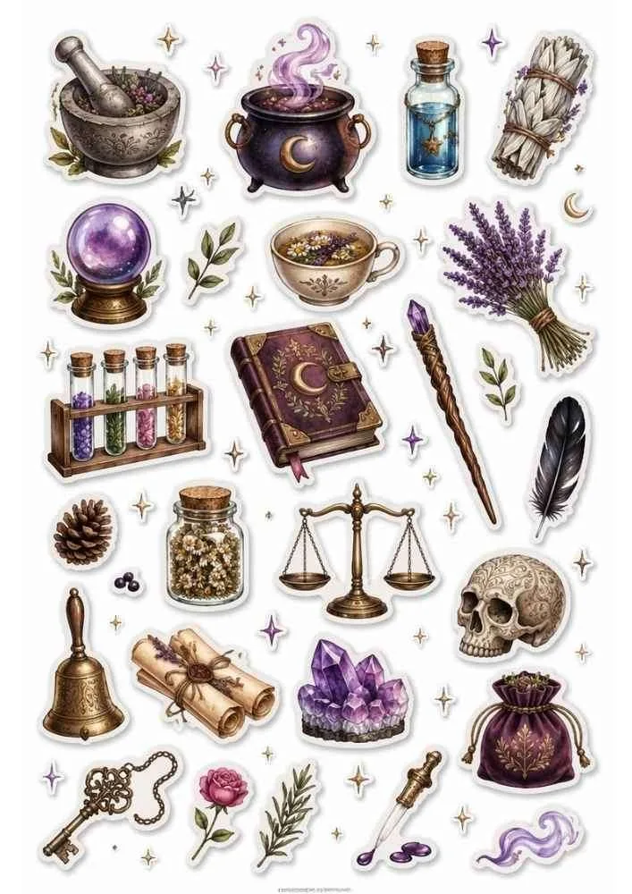 Sticker collection with crystal ball, cauldron, potion bottles, spell book, crystals, skull, and magic tools.