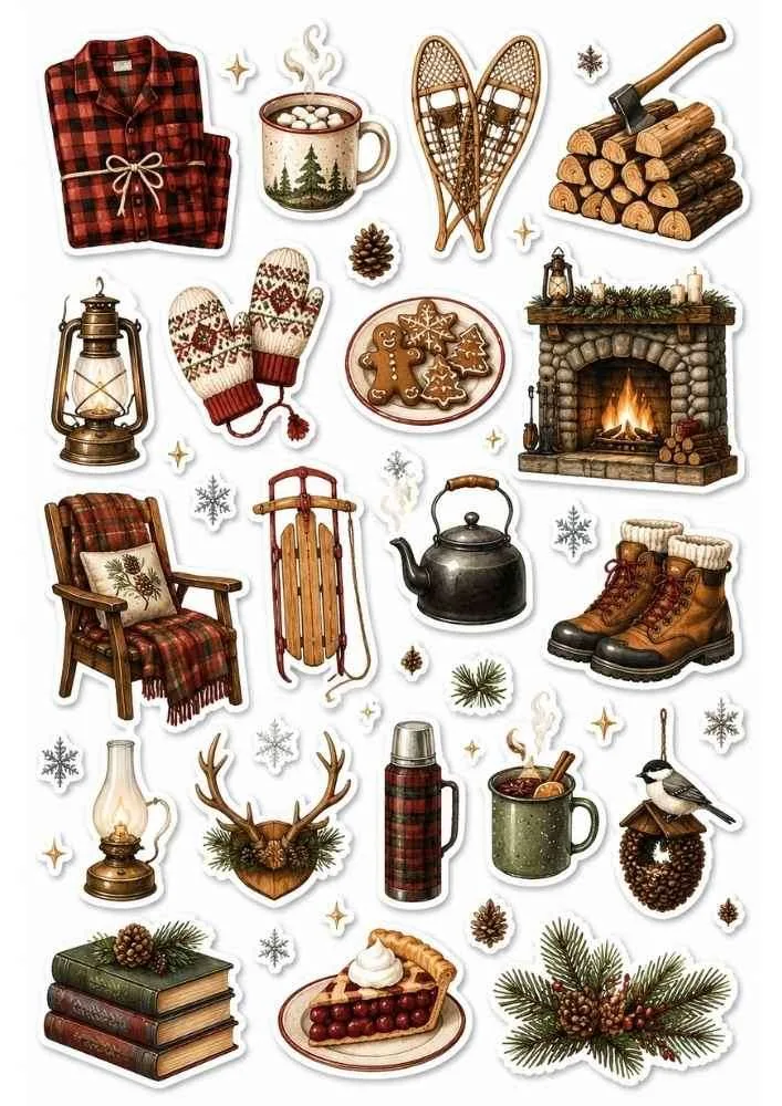 Sticker collection with fireplace, sweater, boots, sled, mittens, hot drinks, and winter decorations.