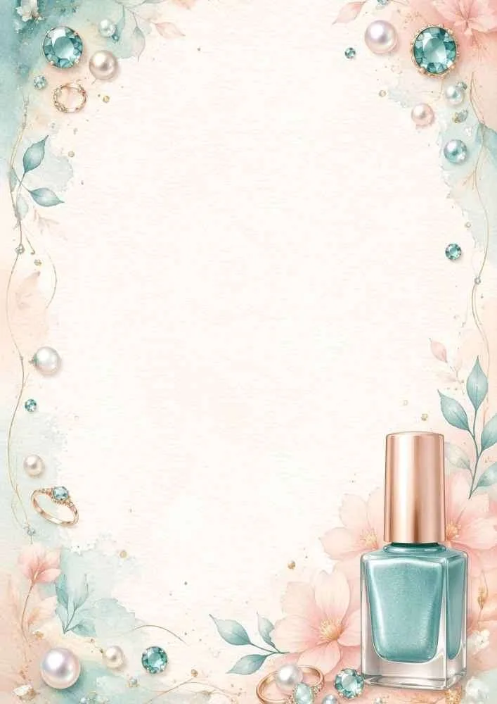 Floral border with pearls, teal gems, and a teal nail polish bottle in the corner.