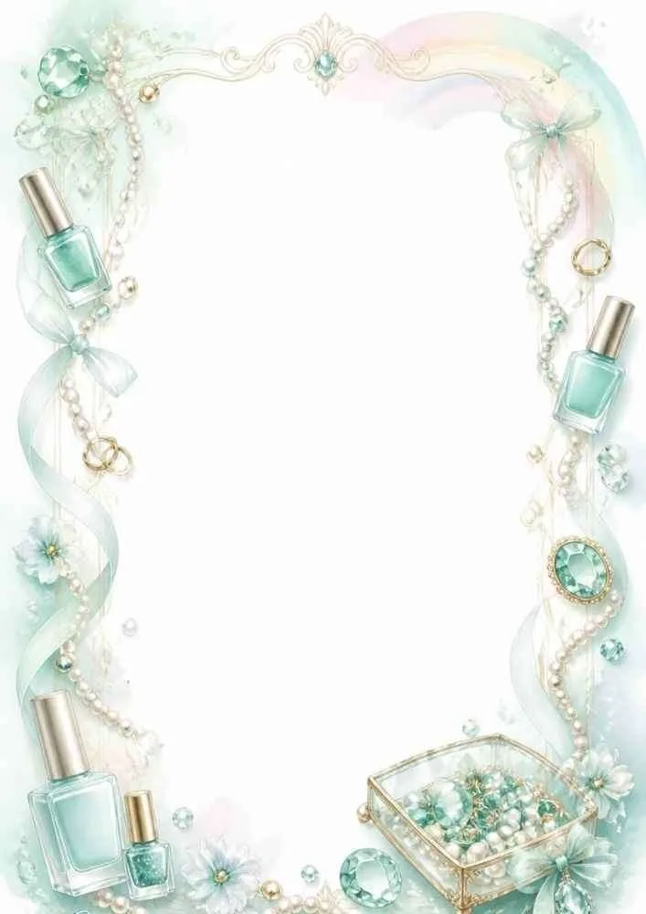 Border with ribbons, gift box, nail polish bottles, pearls, and teal gems.