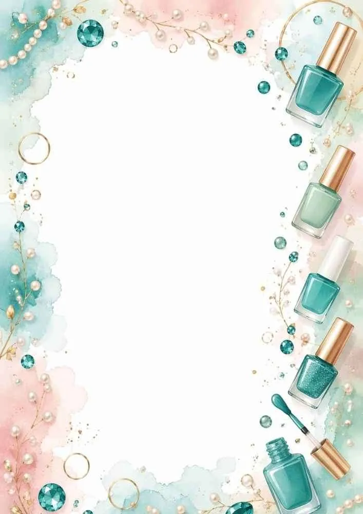 Border with multiple teal nail polish bottles, pearls, rings, and teal gems.
