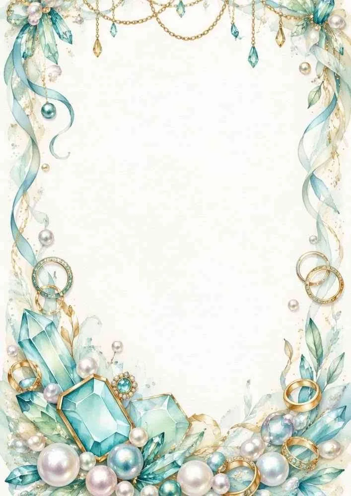 Border with blue crystals, pearls, ribbons, and gold rings.