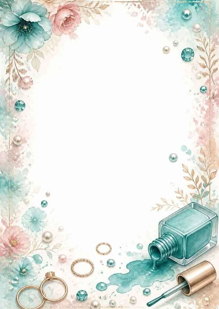 Border with spilled teal nail polish, flowers, pearls, rings, and gems.