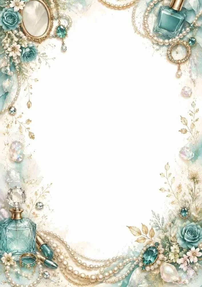 Border with perfume bottle, lipstick, pearls, flowers, and teal gems.