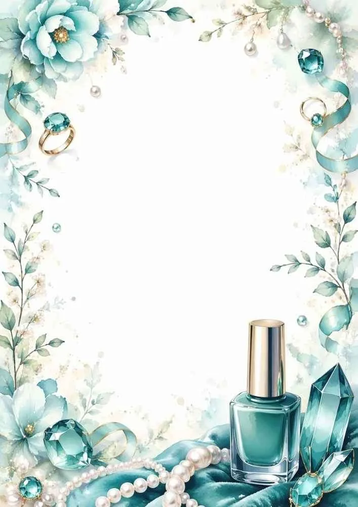 Floral border with teal nail polish bottle, pearls, crystals, and gems.