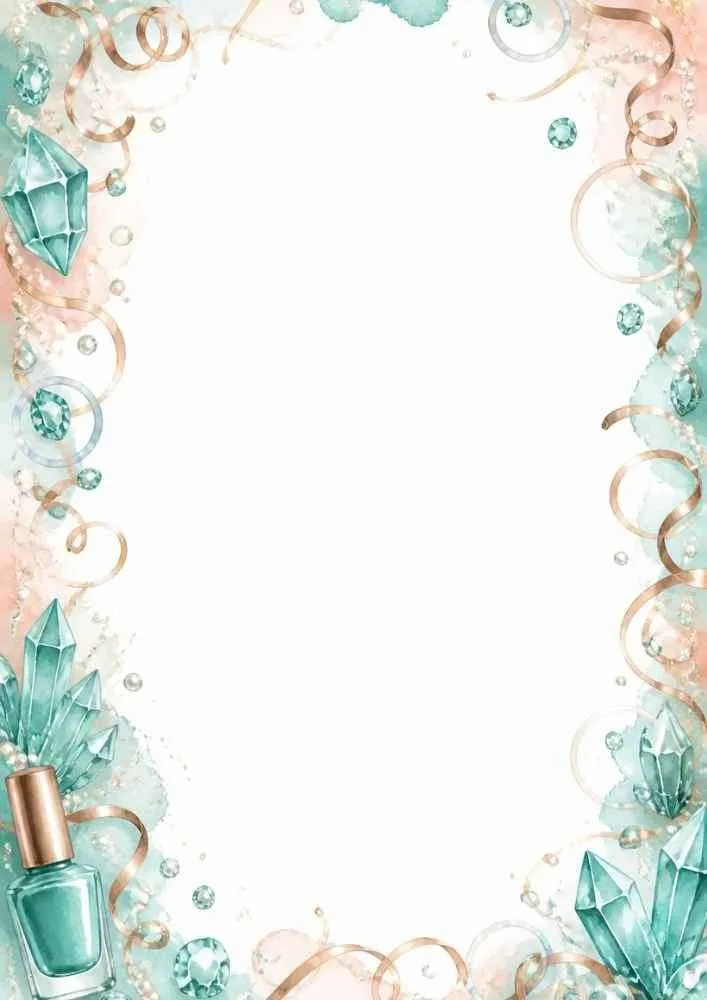 Border with crystals, ribbons, pearls, and a teal nail polish bottle.