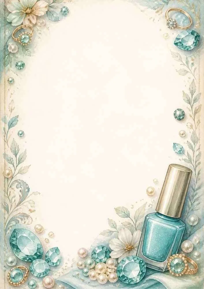 Floral border with pearls, teal gems, and a teal nail polish bottle.