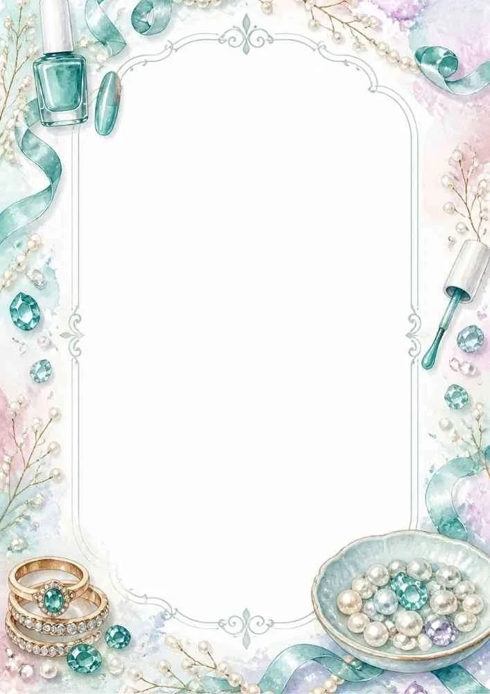 Border with pearl bowl, nail polish, rings, ribbons, and teal gems.