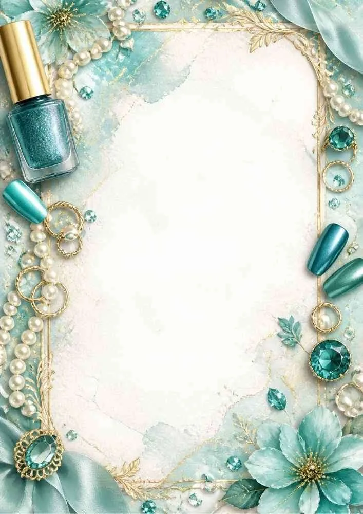 Floral frame with teal nail polish bottle, pearls, blue gems, and gold accents.